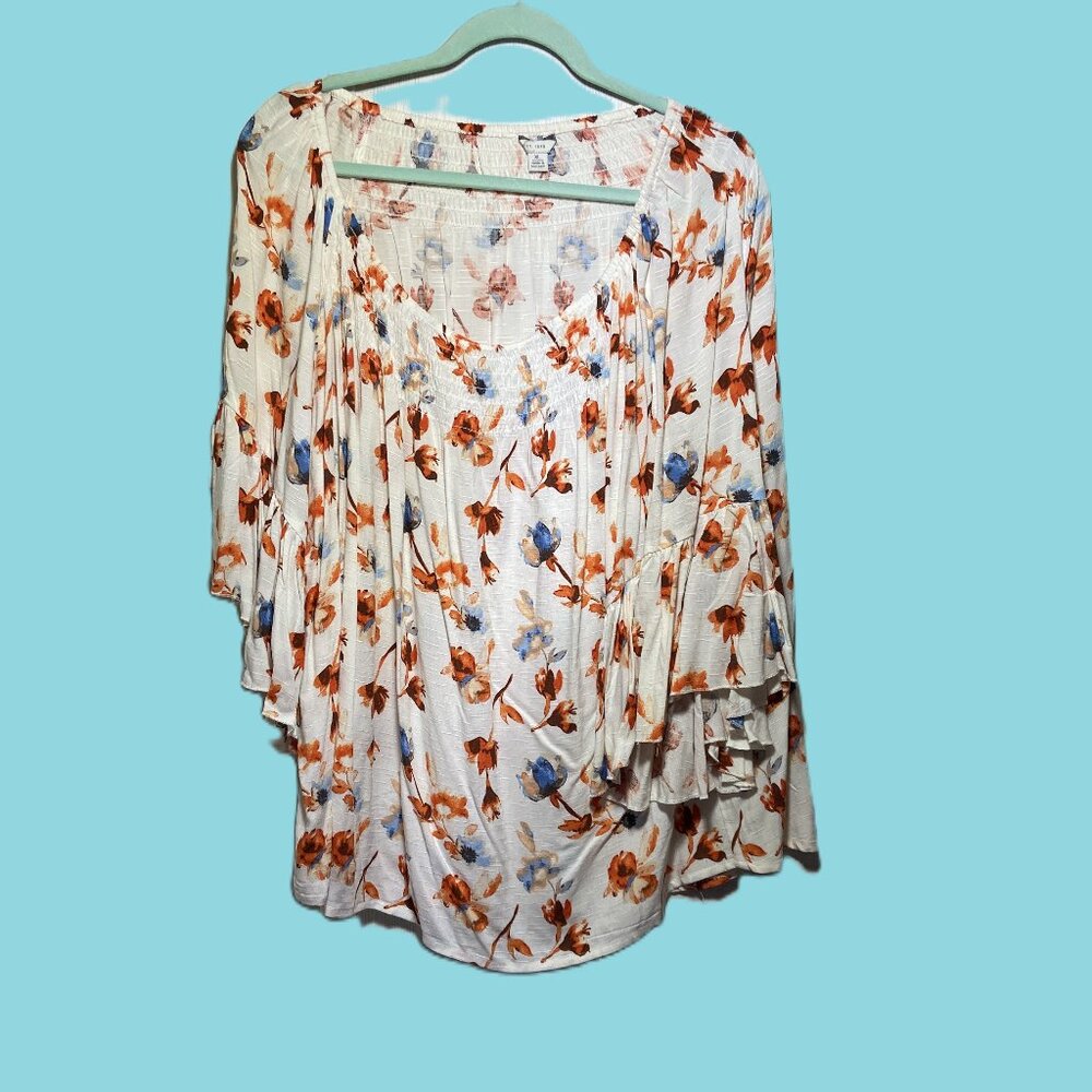 Cato EST 1946 Blue Orange Jersey Peasant Top Ruffle ¾ Sleeve Size XL